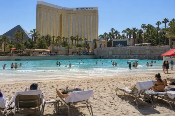 Sandy beach and wave pool at Mandalay Bay Beach in Las Vegas.