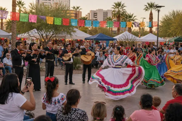 Mariachi musicians and folklórico dancers performing at a family-friendly Mexican Independence Day celebration in Las Vegas
