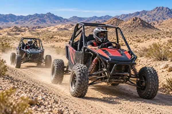Two helmeted drivers follow each other in dune buggies across rugged desert terrain near Las Vegas.