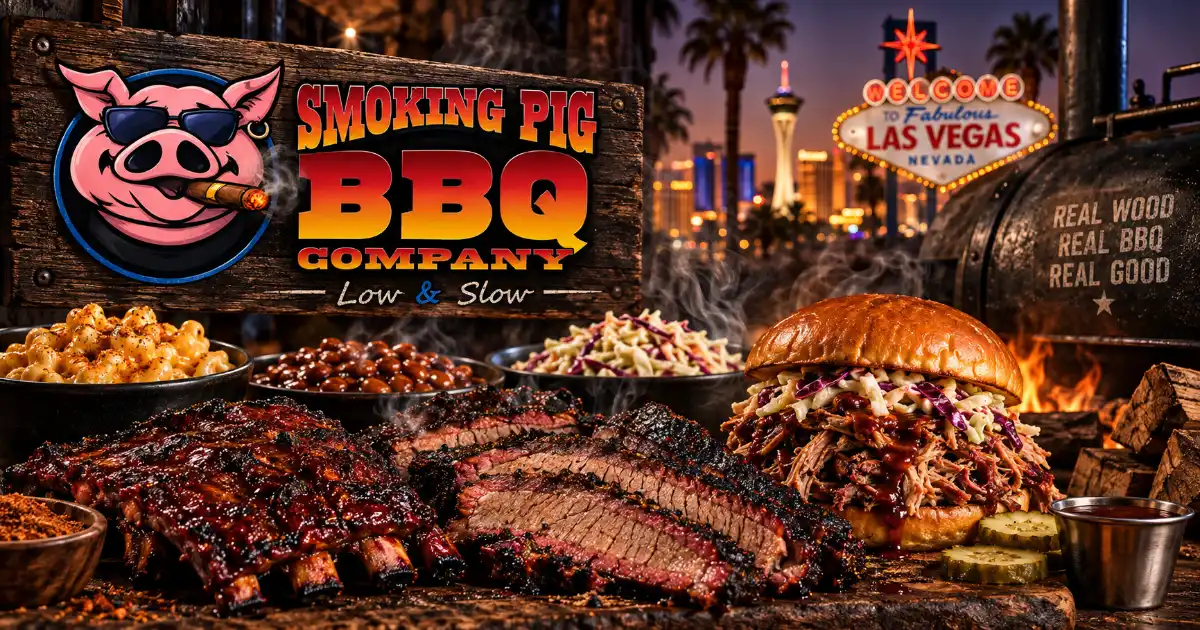 Smoking Pig BBQ in Las Vegas with smoked brisket, ribs, pulled pork, sides, and restaurant branding.
