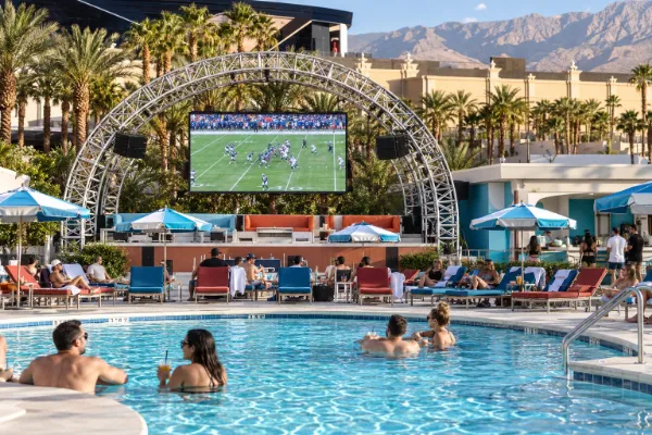 Pool, sports screens, and cabanas at Tailgate Beach Club at Mandalay Bay.