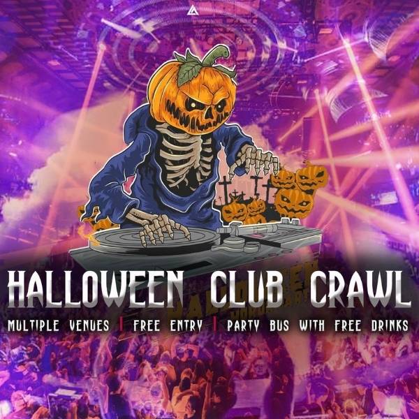 Costumed guests enjoying the Halloween Vegas Club Crawl and party bus on the Las Vegas Strip
