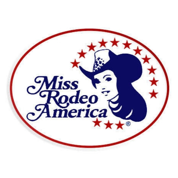 Miss Rodeo America logo featuring a woman in a cowboy hat, navy lettering and red stars inside a red oval.