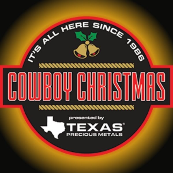 Cowboy Christmas logo with holiday bells, rope accents and Texas Precious Metals sponsor lettering.