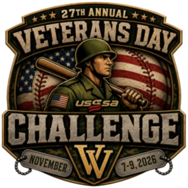27th Annual Veterans Day Challenge graphic featuring a soldier holding a baseball bat, an American flag and November 7–9, 2026 dates.
