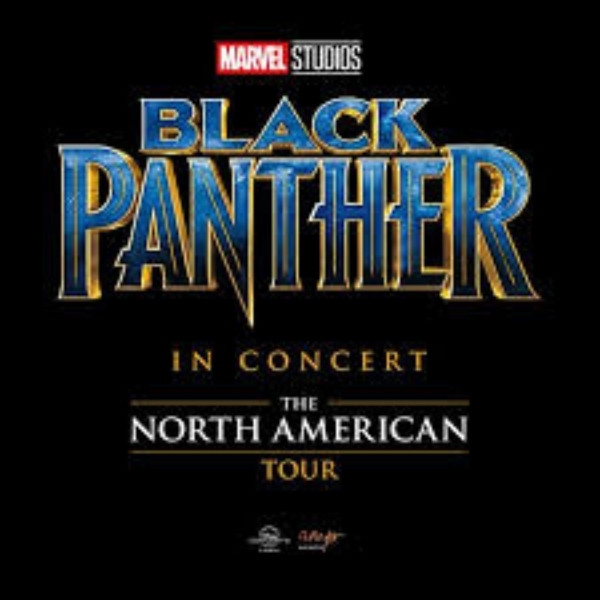 Marvel Studios’ Black Panther in Concert North American Tour graphic with blue and gold lettering on a black background.