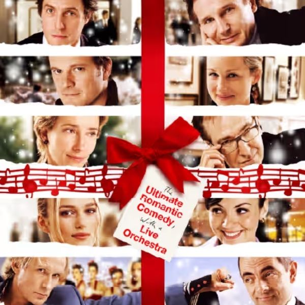 Love Actually in Concert promotional collage featuring the film’s cast, a red gift ribbon and musical notes.