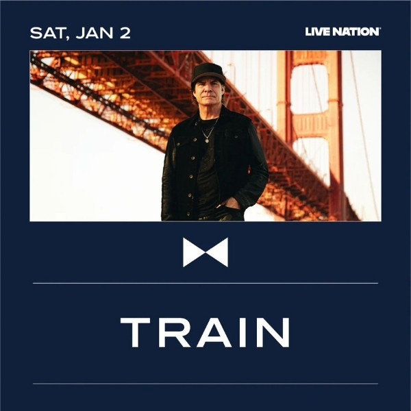 Train concert poster featuring Pat Monahan beneath the Golden Gate Bridge and the January 2 performance date.