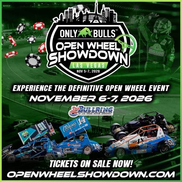 OnlyBulls Open Wheel Showdown poster featuring sprint cars and November 6–7, 2026 race dates at the Las Vegas Motor Speedway Bullring.