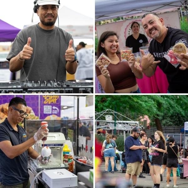 DJ giving two thumbs up, food vendors and attendees enjoying the Día de los Muertos Community Festival.