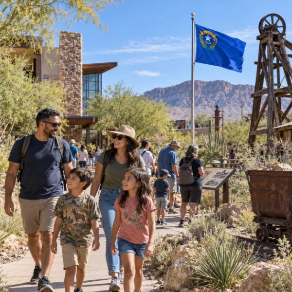 Family explores Springs Preserve during a Nevada Day celebration with desert gardens, historic exhibits, and the Nevada flag.
