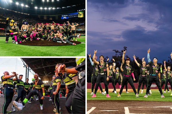 Collage of Party Animals baseball players posing on the field, interacting with fans and celebrating during Banana Ball games.