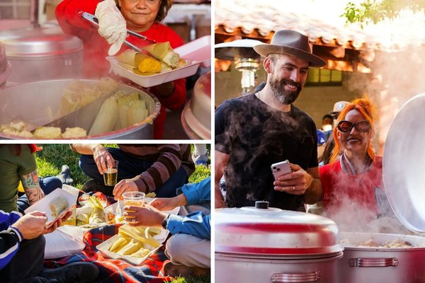 Collage of vendors serving steaming tamales and visitors enjoying food at an outdoor festival.