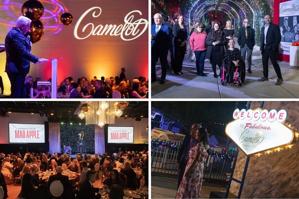 Collage of past Camelot Gala festivities, including a speaker, guests, a banquet and illuminated Magical Forest displays.