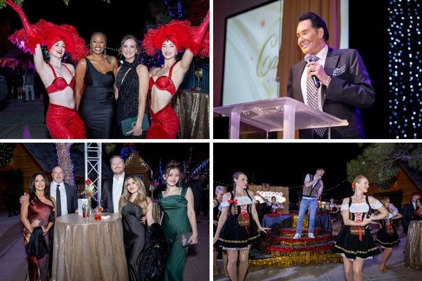 Collage of past Camelot Gala guests, entertainers, a speaker at a podium and an outdoor musical performance.