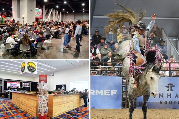 Collage of Cowboy Christmas dining and entertainment areas alongside a young rodeo competitor riding a bucking horse.