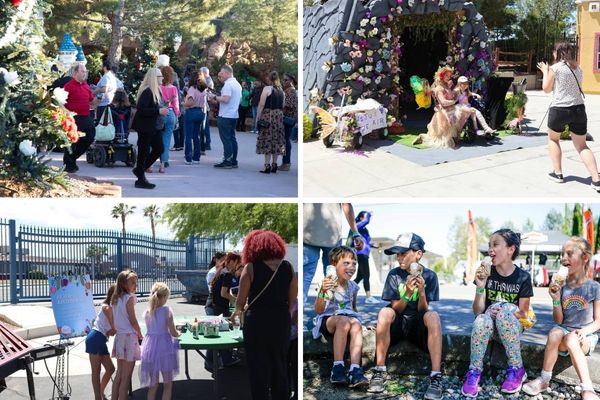 Collage of Springfest visitors, a costumed fairy, children at an activity table and children enjoying frozen treats.