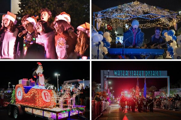 Collage of Henderson WinterFest celebrations featuring holiday singers, musicians, an illuminated float and a parade on Water Street.