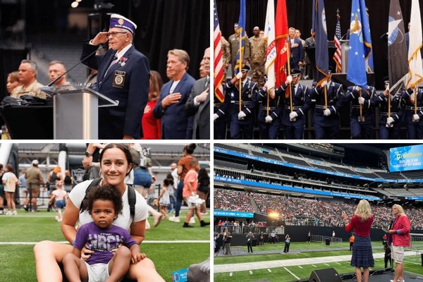 Collage of Day of Gratitude at Allegiant Stadium featuring a Veteran saluting, a military color guard, a family on the field and presenters facing a stadium crowd.