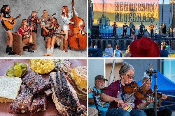 Bluegrass musicians performing outdoors during Henderson Bluegrass at Water Street Plaza