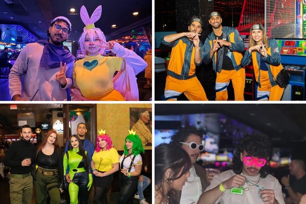 Costumed guests enjoying the Halloween Fremont Street Bar Crawl in Downtown Las Vegas