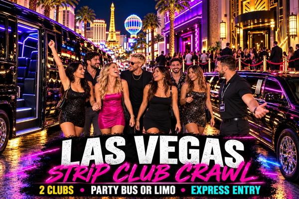 Guests posing beside a Las Vegas party bus for the VIP Strip Club Crawl