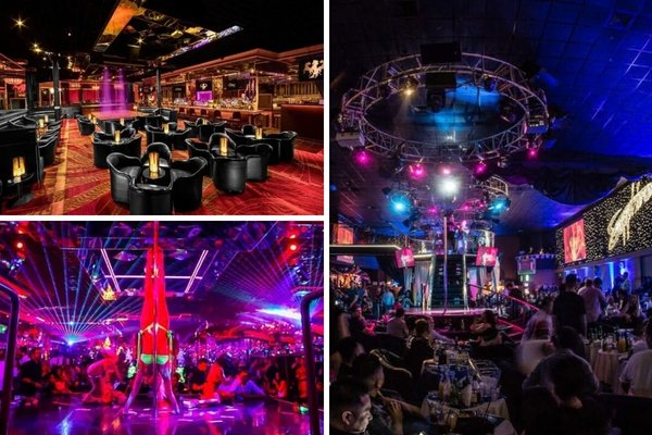 Las Vegas gentlemen’s club interiors with lounge seating, colorful stage lighting and live performances