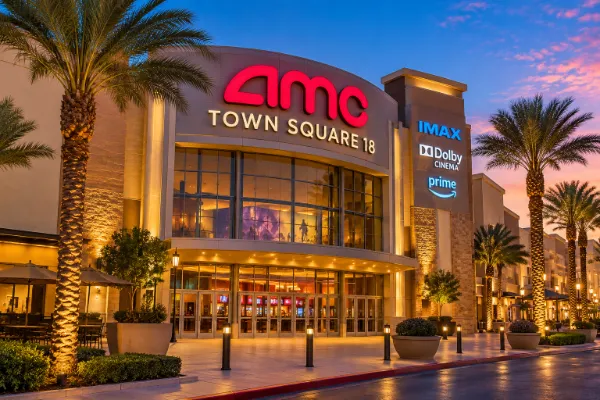 Illustration of AMC Town Square 18 in Las Vegas with a lighted movie theater entrance and palm trees at dusk.