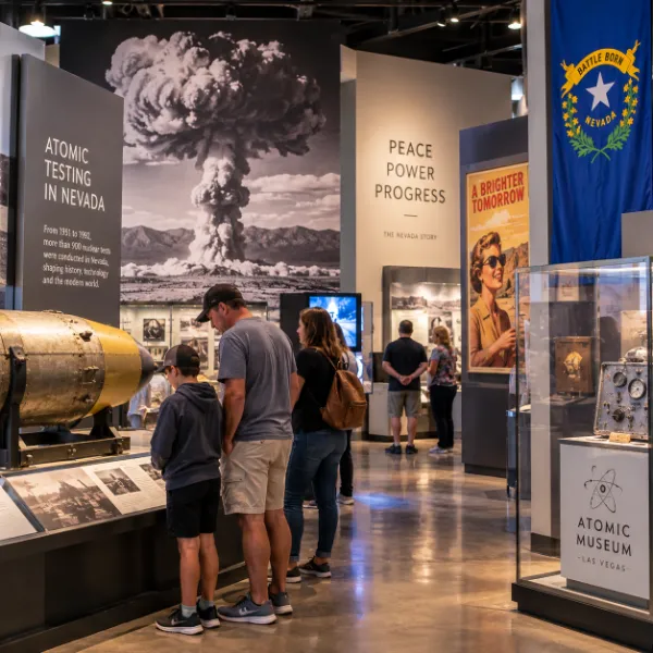 Visitors explore Nevada atomic history exhibits during a Nevada Day visit to the Atomic Museum in Las Vegas.