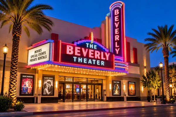 Stylized AI illustration of The Beverly Theater in downtown Las Vegas with a colorful neon movie marquee.