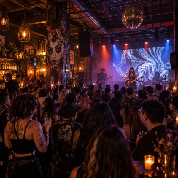 Live performance and crowd inside Bizarre Bar in the Las Vegas Arts District.