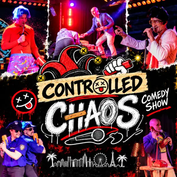 Controlled Chaos Comedy Show at The Composers Room in Las Vegas featuring live comedy performers in a colorful collage-style event image.