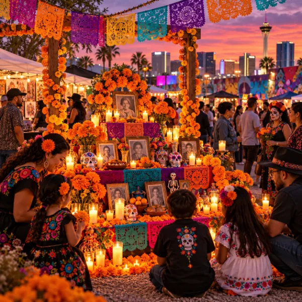 Día de los Muertos community festival in Las Vegas with an ofrenda, marigolds, candles, families, and local vendors.