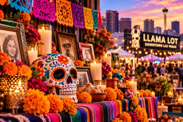 Día de los Muertos ofrenda at Llama Lot in Downtown Las Vegas with marigolds, candles, remembrance photos, and papel picado.