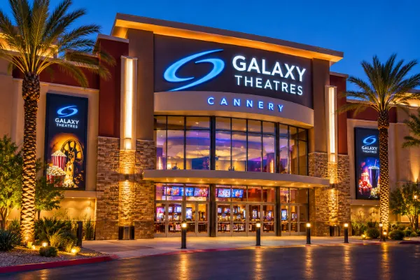 Illustration of Galaxy Theatres Cannery in North Las Vegas with its illuminated entrance at dusk.
