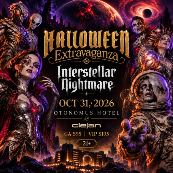 Halloween Extravaganza Interstellar Nightmare at Otonomus Hotel in Las Vegas featuring sci-fi horror characters and Clejan.