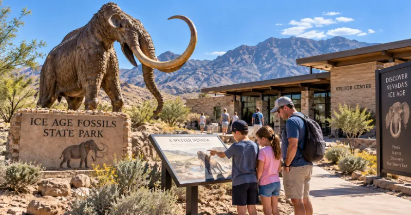 Family explores Ice Age Fossils State Park in North Las Vegas with a mammoth sculpture, desert trails, and visitor center exhibits.