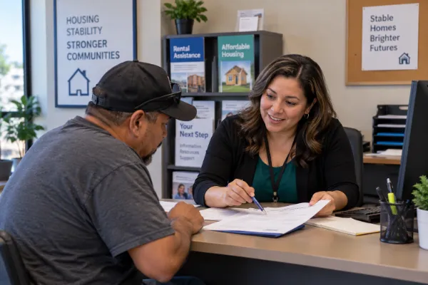 Housing counselor helps a Las Vegas resident review affordable housing and rental assistance paperwork.
