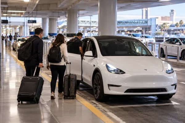 Travelers with rolling luggage prepare to board a white Tesla for Las Vegas Loop service at Harry Reid International Airport