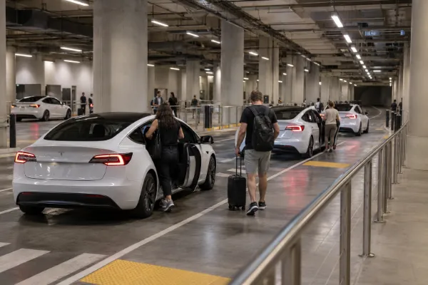 Passengers board white Tesla vehicles at a Las Vegas Loop underground station