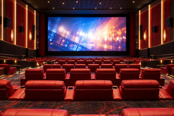 Modern movie theater auditorium with red reclining seats, warm lighting, and a large cinema screen.