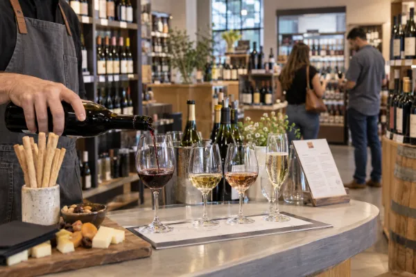 Retail wine tasting in Las Vegas with red, white, rosé, and sparkling wine samples served inside a boutique wine shop.