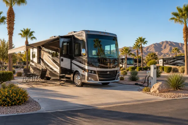 Modern Class A motorhome at a full-hookup Las Vegas RV resort with desert landscaping, palm trees, and Nevada mountains