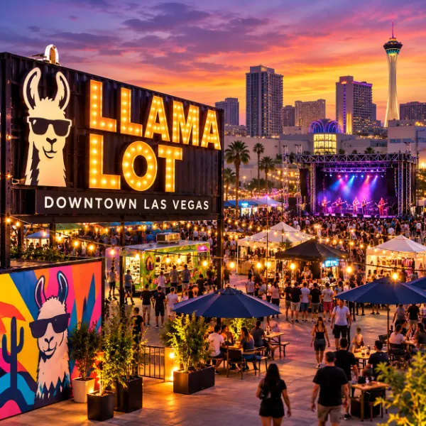 Crowds enjoying an outdoor festival with vendors, food trucks, and live entertainment at Llama Lot in Downtown Las Vegas.