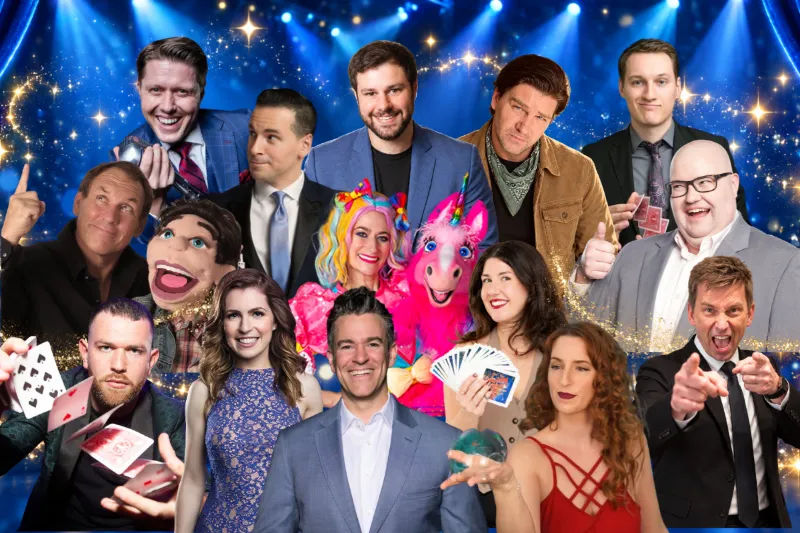 Promotional collage of entertainers with playing cards, puppets, and stage props against a blue backdrop.