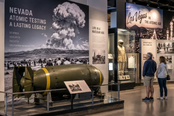 Visitors explore a museum exhibit about Nevada atomic testing and mid-century Las Vegas history.