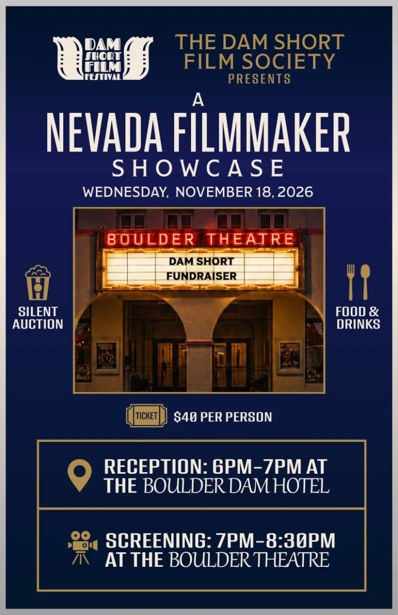 A Nevada Filmmaker Showcase flyer for November 18, 2026, featuring the illuminated Boulder Theatre marquee.
