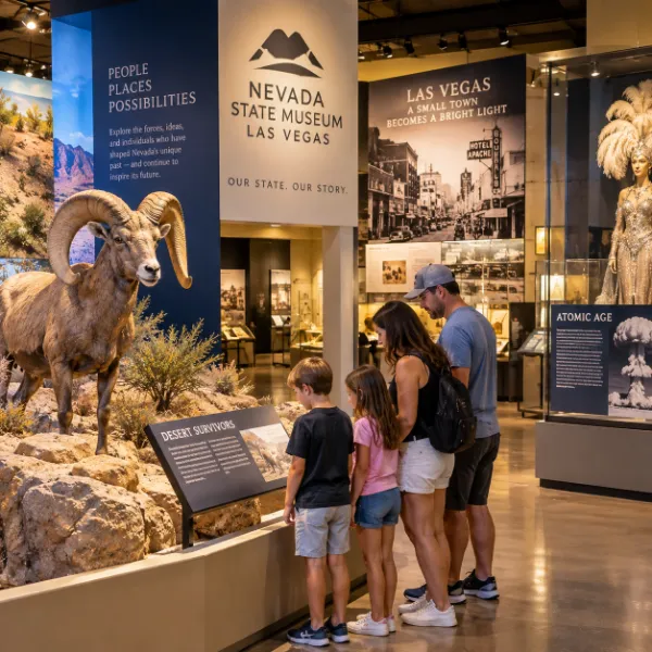 Family explores Nevada history exhibits at the Nevada State Museum in Las Vegas, including wildlife, historic Las Vegas, and atomic-era displays.