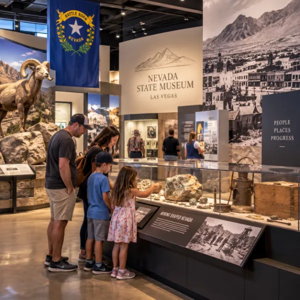 Family explores Nevada history exhibits at the Nevada State Museum in Las Vegas during a Nevada Day visit.