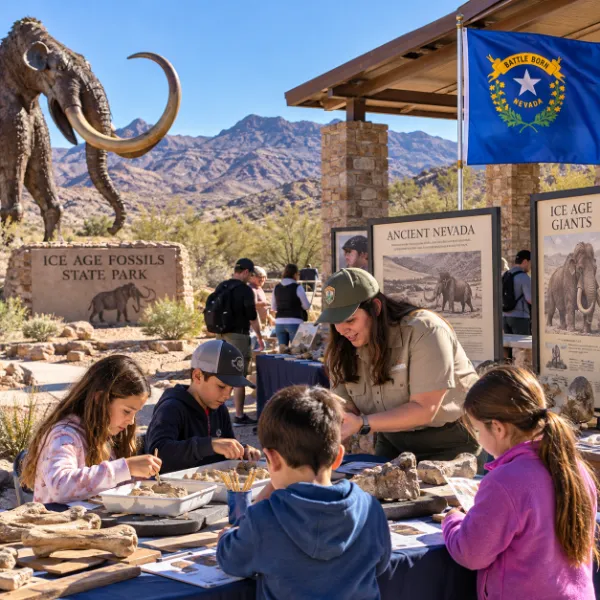 Children take part in fossil activities with a park ranger during a Nevada Day celebration at Ice Age Fossils State Park.